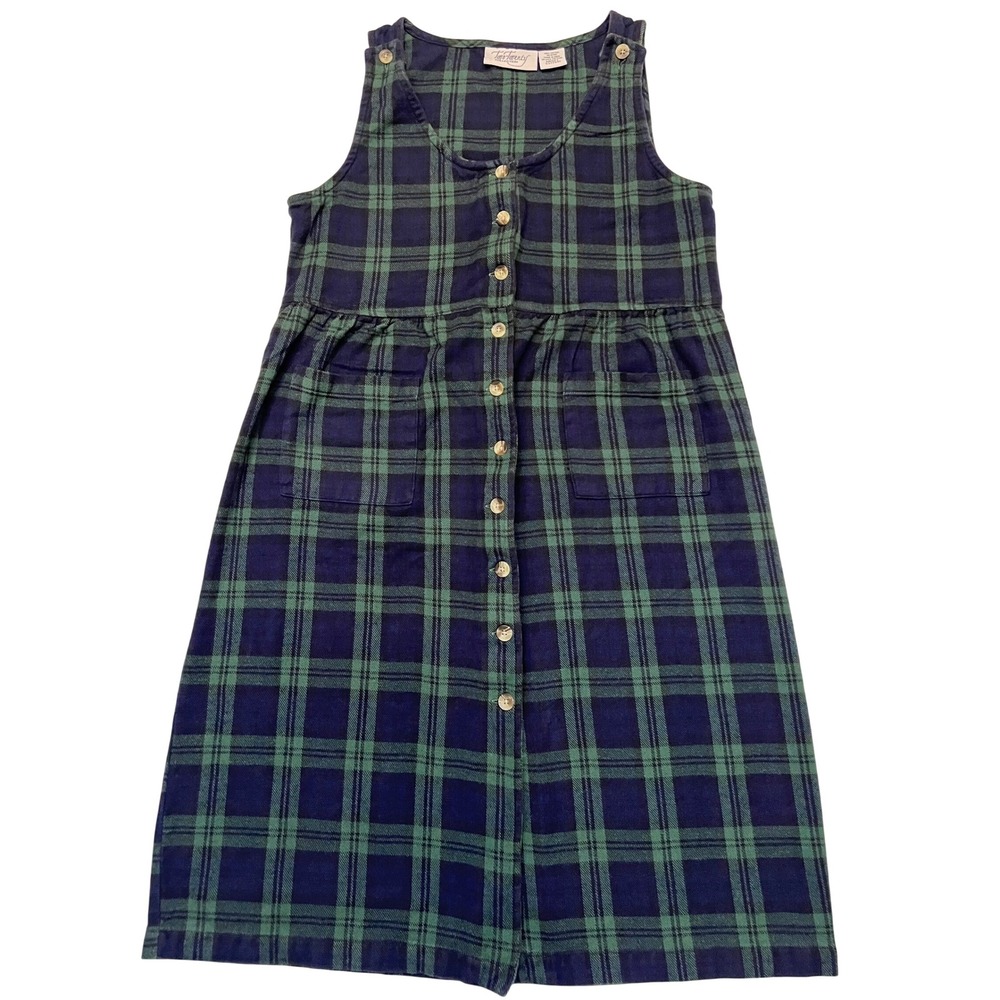 Navy Green Plaid Flannel 100% Cotton Button Front Cottagecore Jumper Dress MP
